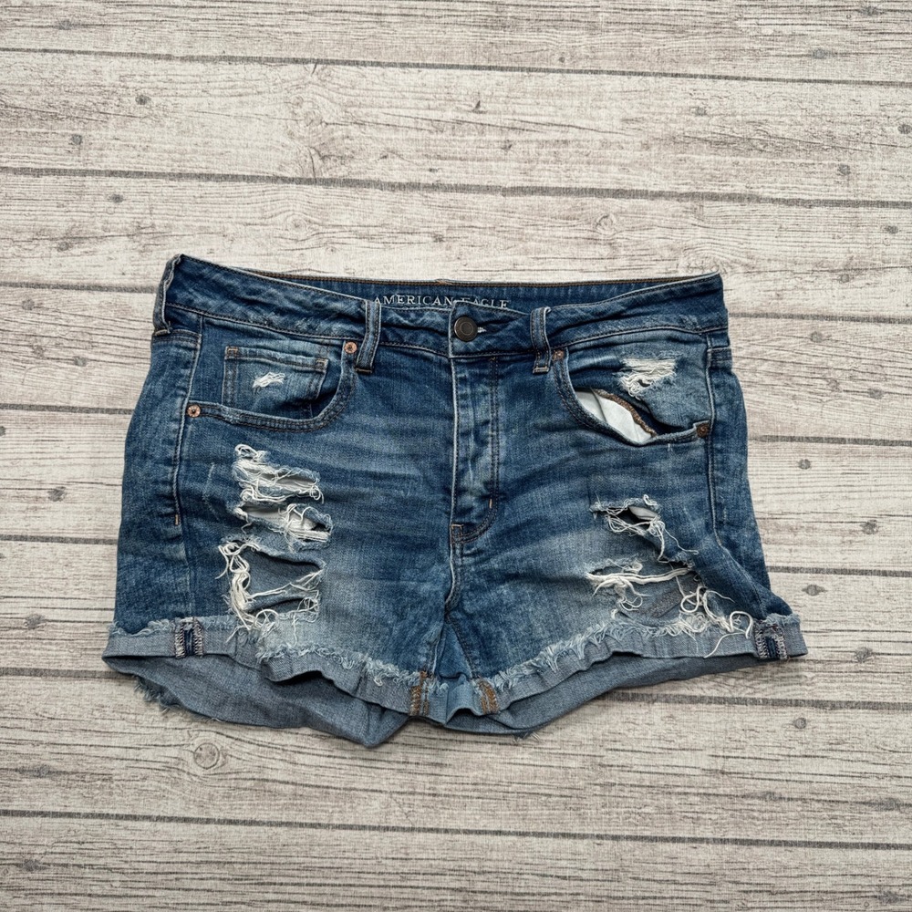 American Eagle Shorts Women's 10 Blue Denim Cut Off Distressed Ripped Stretch
